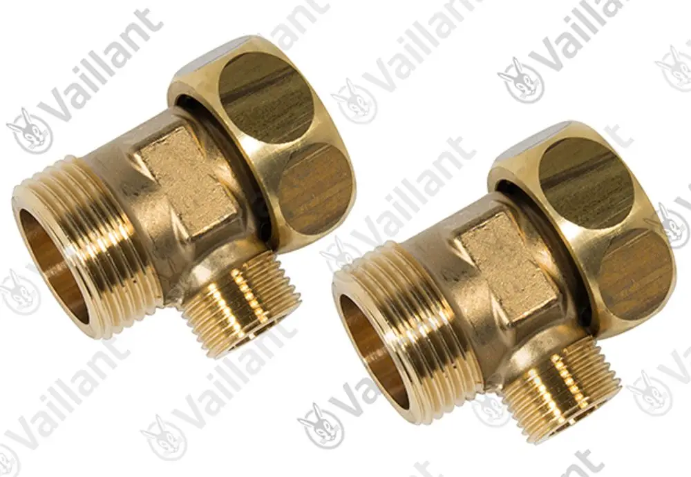 Set aus zwei Abschlussverschraubungen von Vaillant, jeweils aus Messing, mit Außengewinde, verbunden durch eine zentrale Einheit.
